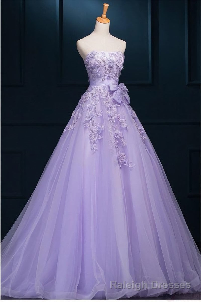 Light Purple Tulle Long Sweet 16 Dress with Bow, Lace Applique Purple Prom Dress