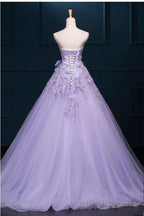 Light Purple Tulle Long Sweet 16 Dress with Bow, Lace Applique Purple Prom Dress