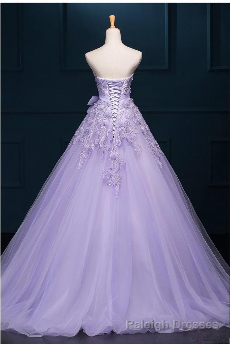 Light Purple Tulle Long Sweet 16 Dress with Bow, Lace Applique Purple Prom Dress