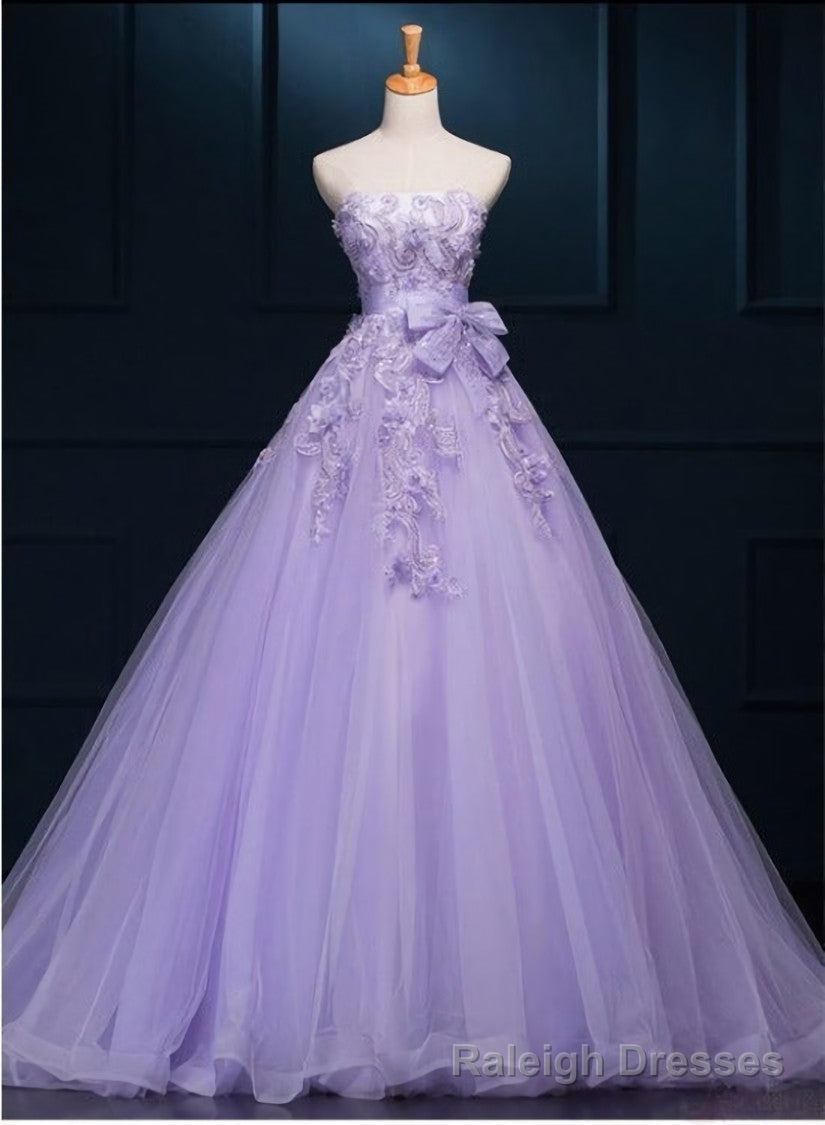 Light Purple Tulle Long Sweet 16 Dress with Bow, Lace Applique Purple Prom Dress