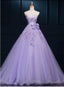 Light Purple Tulle Long Sweet 16 Dress with Bow, Lace Applique Purple Prom Dress