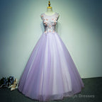 Light Purple Tulle Long Sweet 16 Formal Dress With Lace, Purple Prom Dress