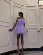 Light Purple Tulle Mini Prom Dress Strapless Pleated Homecoming Dresses