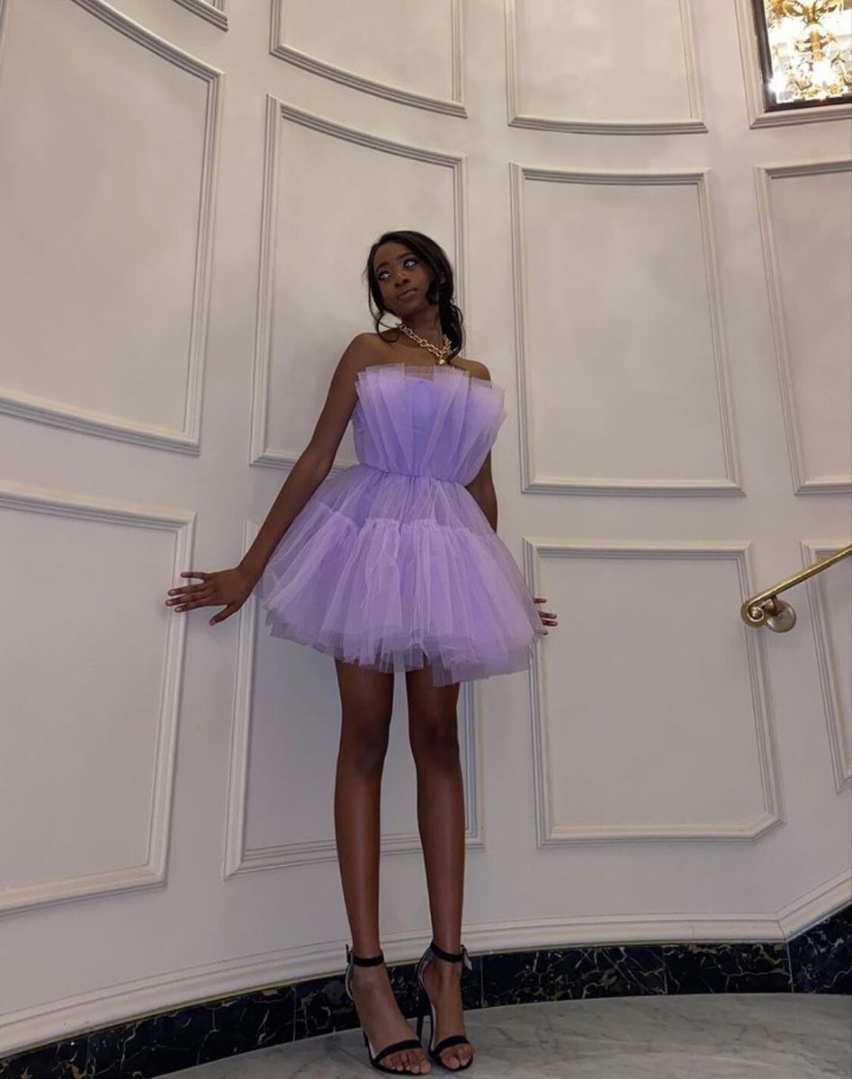 Light Purple Tulle Mini Prom Dress Strapless Pleated Homecoming Dresses