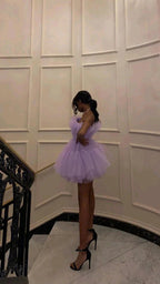 Light Purple Tulle Mini Prom Dress Strapless Pleated Homecoming Dresses