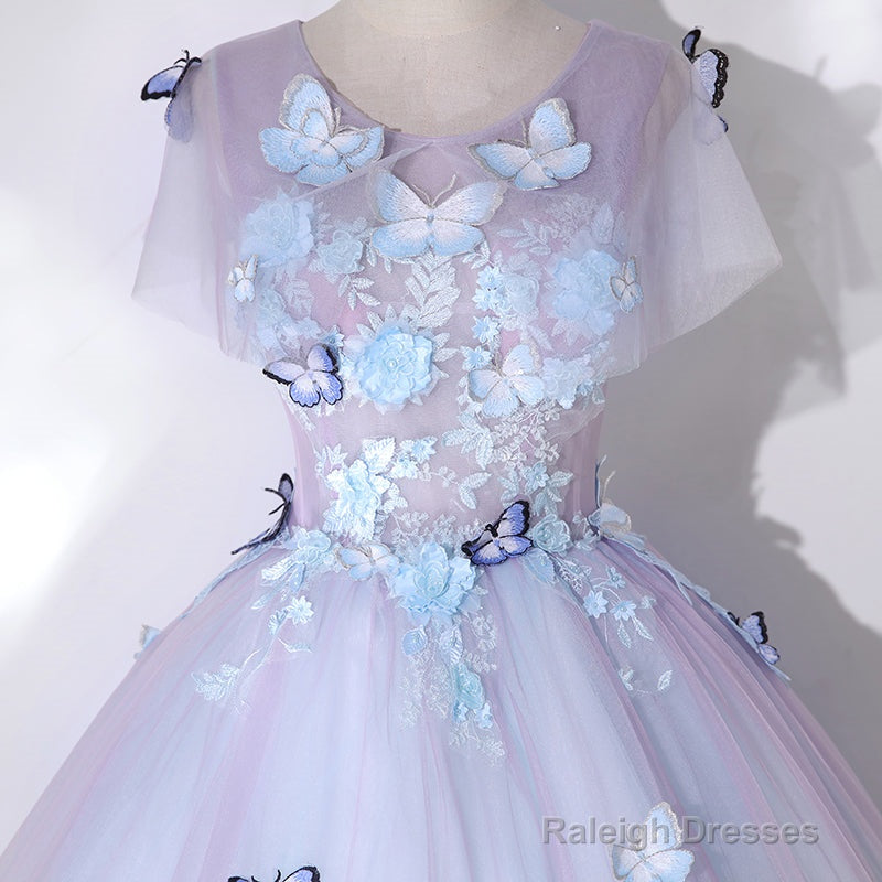 Light Purple Tulle With Butterfly Ball Gown Sweet 16 Dresses, Cute Long Evening Dresses