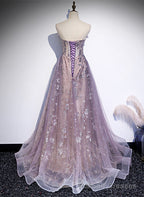 Light Purple Tulle with Lace A Line Floor Length Prom Dress, Light Purple Prom Dress