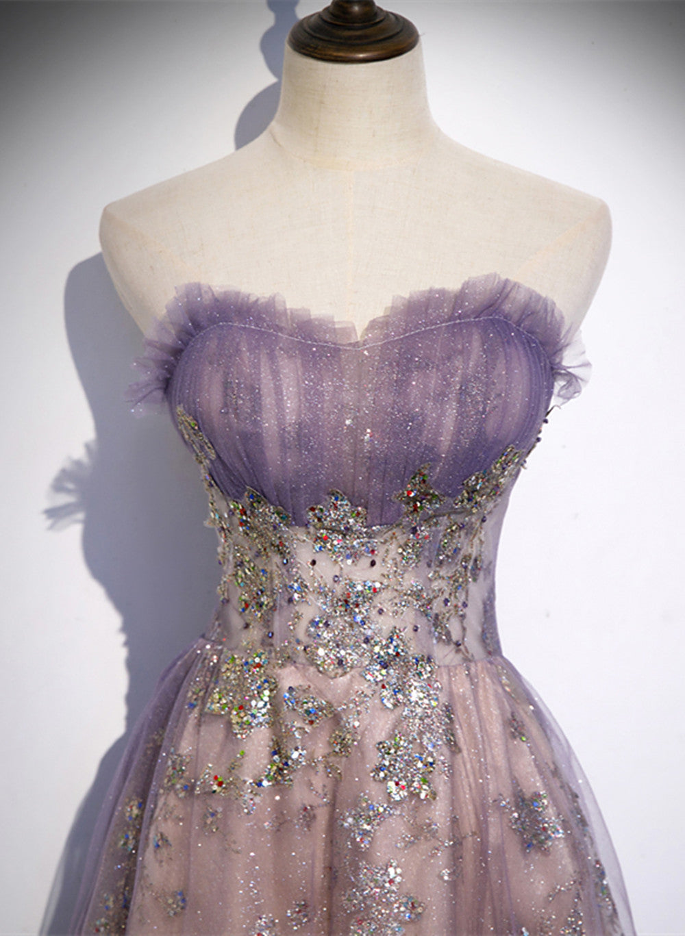 Light Purple Tulle With Lace A-Line Party Dress, Purple Long Formal Dress Evening Dress
