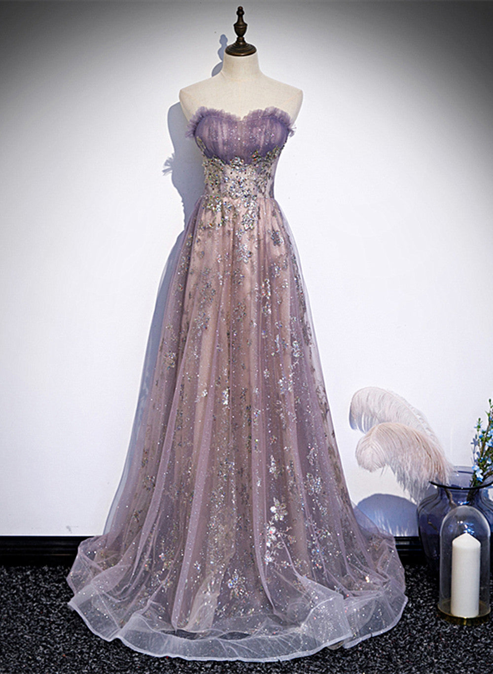 Light Purple Tulle With Lace A-Line Prom Dresses Purple Long Prom Dresses Prom Dresses