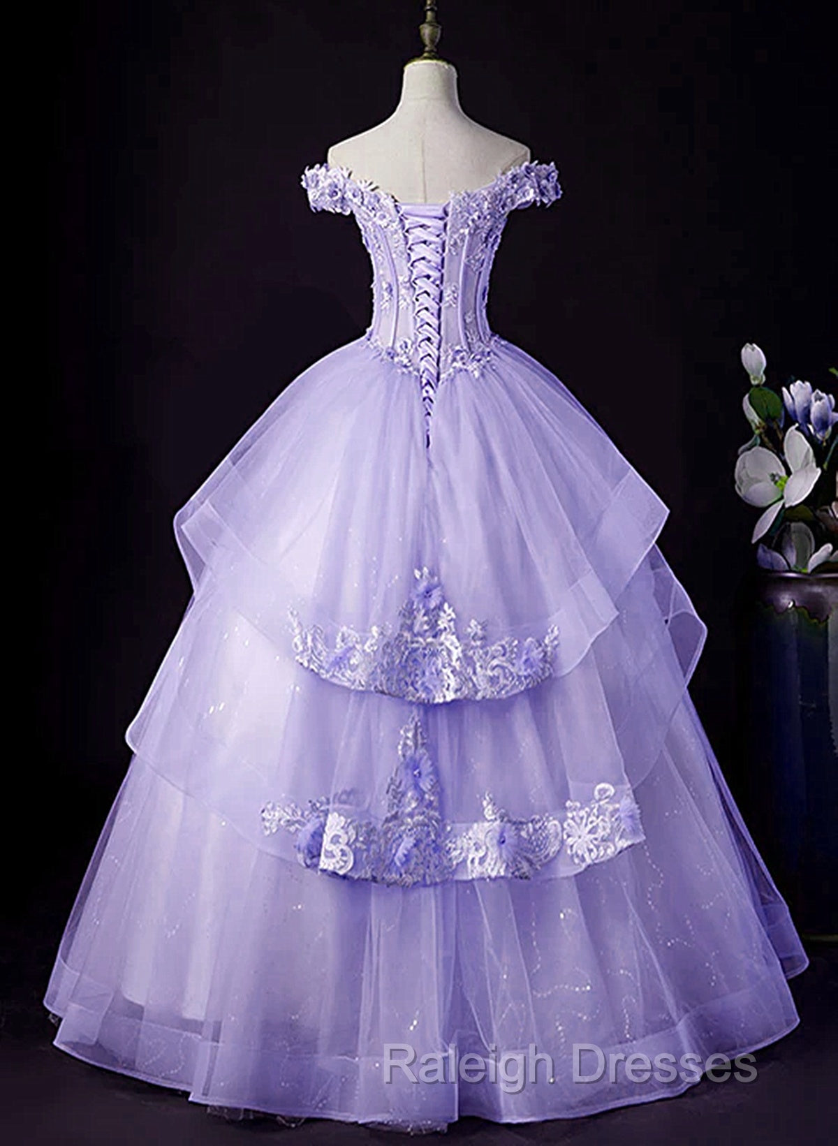 Light Purple Tulle With Lace Off Shoulder Sweet 16 Dress, Light Purple Formal Dress