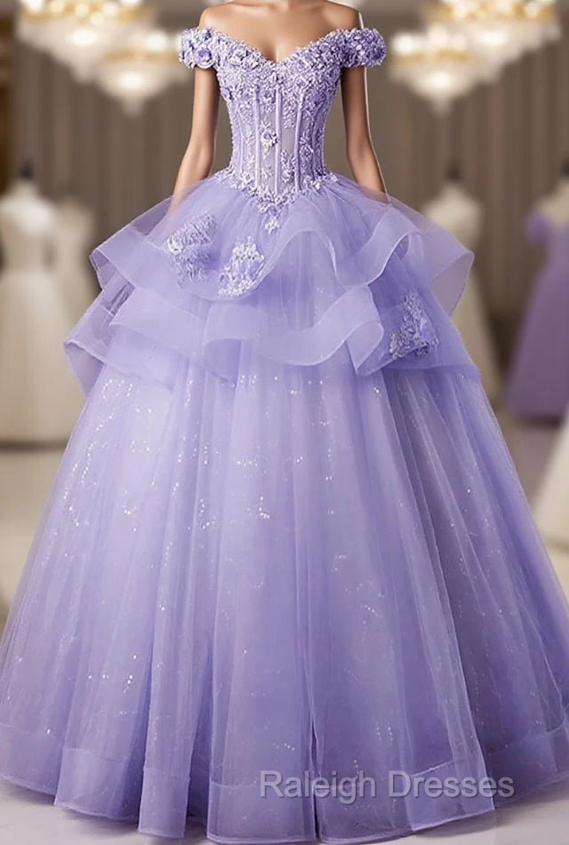 Light Purple Tulle With Lace Off Shoulder Sweet 16 Dresses Light Purple Prom Dresses