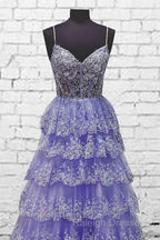 Light Purple V Neck Layered Lace Prom Dress