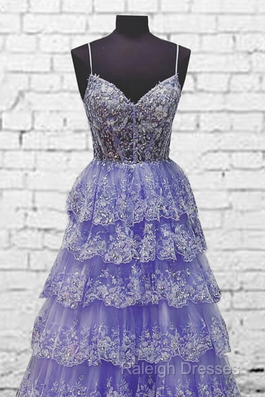 Light Purple V Neck Layered Lace Prom Dress