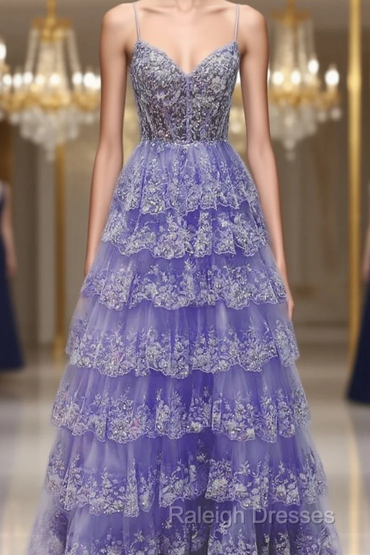 Light Purple V Neck Layered Lace Prom Dresses