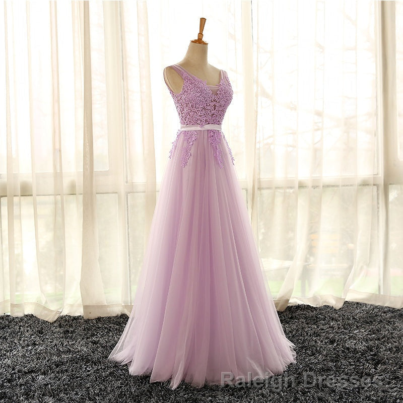 Light Purple V Neckline Long Formal Dress, Tulle Lace Applique Bridesmaid Dress Main image