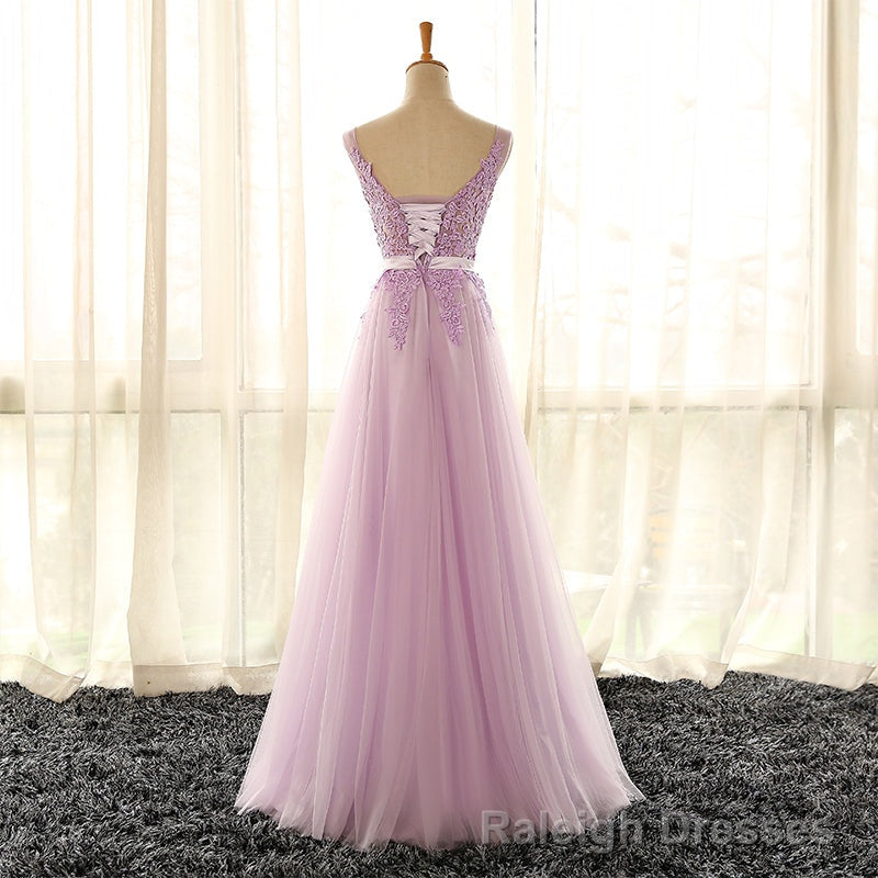 Light Purple V-neckline Long Formal Dress, Tulle Lace Applique Bridesmaid Dress