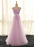Light Purple V-neckline Long Formal Dress, Tulle Lace Applique Bridesmaid Dress