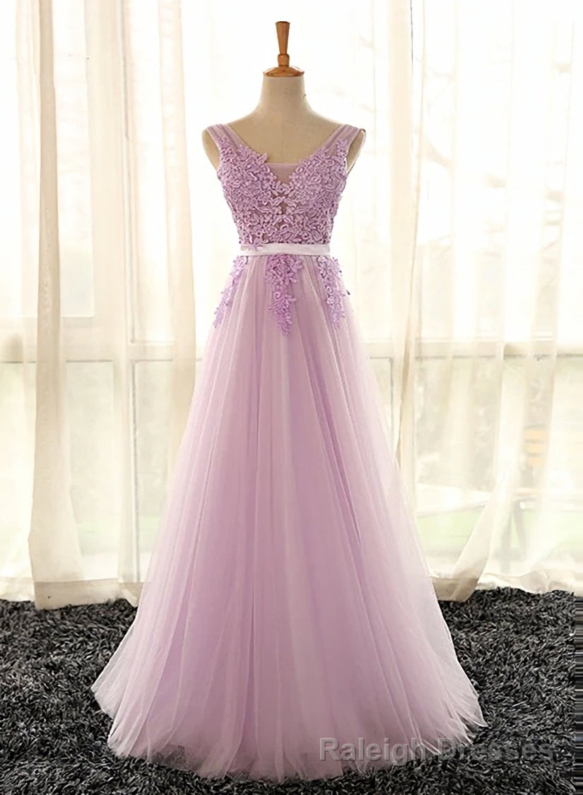 Light Purple V Neckline Long Formal Dress, Tulle Lace Applique Bridesmaid Dress Secondary image
