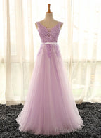 Light Purple V Neckline Long Formal Dress, Tulle Lace Applique Bridesmaid Dress