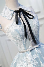 Light Sky Blue Halter Homecoming with Lace Appliques Cute Short Formal Dress