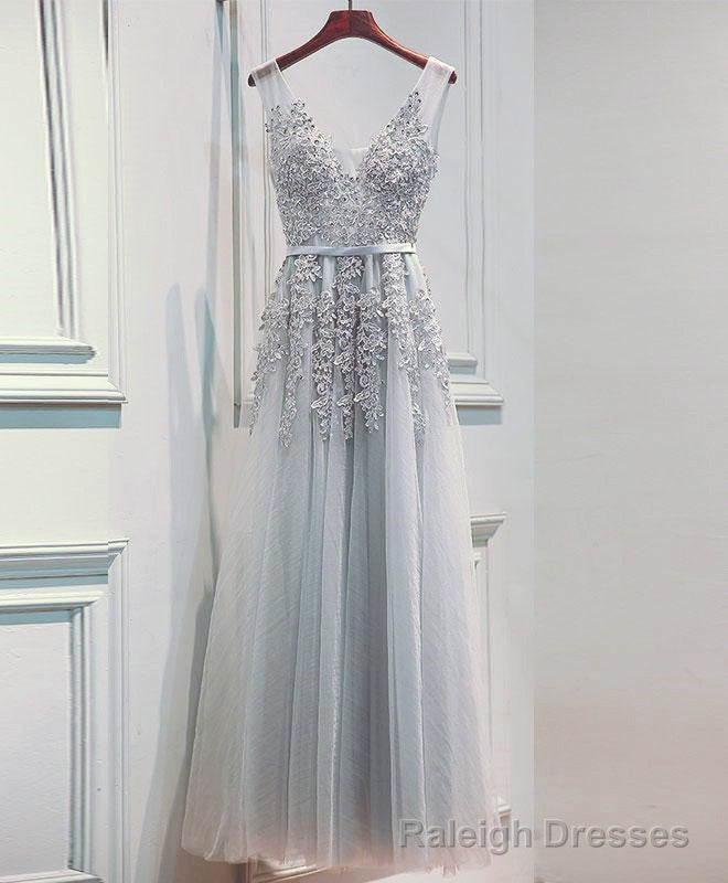 Light Sliver Grey Lace Applique V Neckline Long Prom Dress, Light Grey Wedding Prom Dress Secondary image
