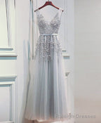 Light Sliver Grey Lace Applique V Neckline Long Prom Dress, Light Grey Wedding Prom Dress