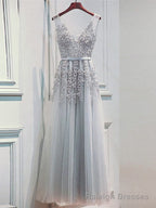 Light Sliver Grey Lace Applique V Neckline Long Prom Dress, Light Grey Wedding Prom Dress
