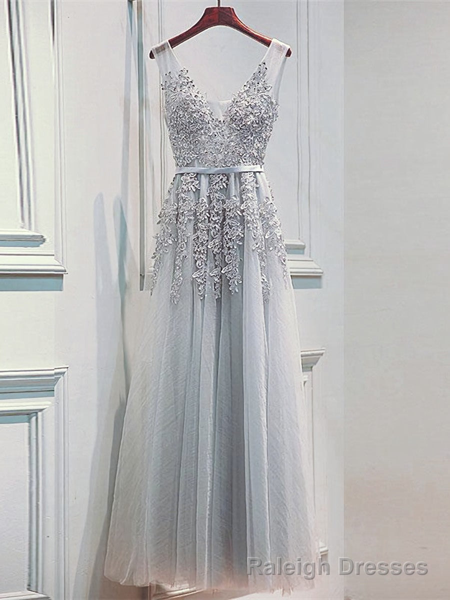 Light Sliver Grey Lace Applique V Neckline Long Prom Dress, Light Grey Wedding Prom Dress