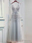 Light Sliver Grey Lace Applique V Neckline Long Prom Dress, Light Grey Wedding Prom Dress
