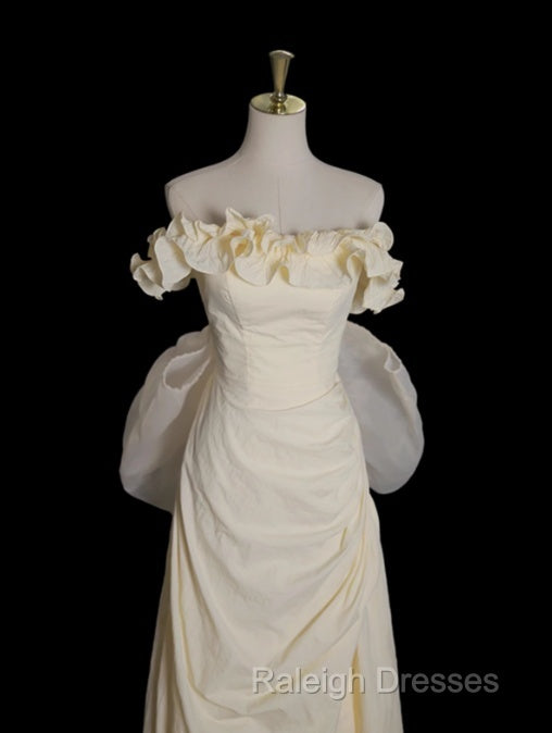 Light Yellow A-Line Satin Off-Shoulder Tulle Long Prom Dress Graduation Prom Dress Wedding Dress Secondary image