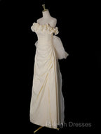 Light Yellow A-Line Satin Off-Shoulder Tulle Long Prom Dress Graduation Prom Dress Wedding Dress