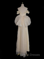 Light Yellow A-Line Satin Off-Shoulder Tulle Long Prom Dress Graduation Prom Dress Wedding Dress