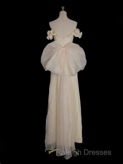 Light Yellow A-Line Satin Off-Shoulder Tulle Long Prom Dress Graduation Prom Dress Wedding Dress