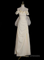 Light Yellow A-Line Satin Off-Shoulder Tulle Long Prom Dress Graduation Prom Dress Wedding Dress