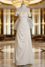 Light Yellow A-Line Satin Off-Shoulder Tulle Long Prom Dress Graduation Prom Dress Wedding Dress