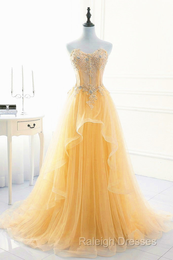 Light Yellow Beaded Tulle Long Party Dress Prom Dress, Yellow Formal Dresses Secondary image