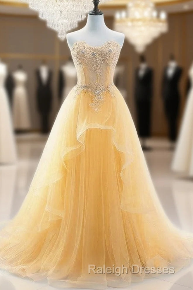 Light Yellow Beaded Tulle Long Party Dress Prom Dress, Yellow Formal Dresses