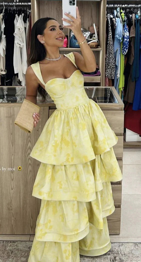 Light Yellow Ruffle Tiered A-Line Long Party Dress Prom Gown Evening Gown