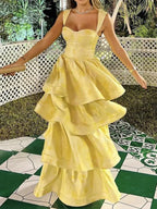 Light Yellow Ruffle Tiered A-Line Long Party Dress Prom Gown Evening Gown
