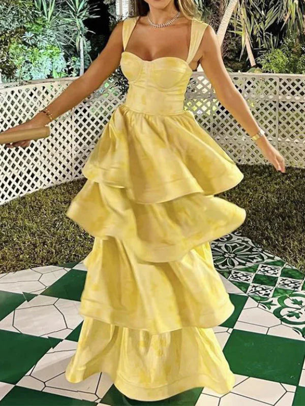 Light Yellow Ruffle Tiered A-Line Long Party Dress Prom Gown Evening Gown