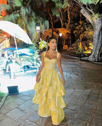 Light Yellow Ruffle Tiered A-Line Long Party Dress Prom Gown Evening Gown