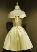 Light Yellow Satin Off Shoulder Knee Length Party Dress Prom Dress, Short Homecoming Dress
