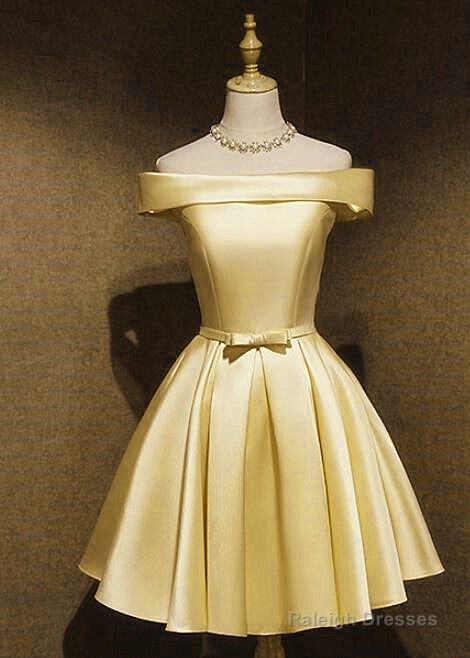 Light Yellow Satin Off Shoulder Knee Length Party Dress Prom Dress, Short Homecoming Dress Main image