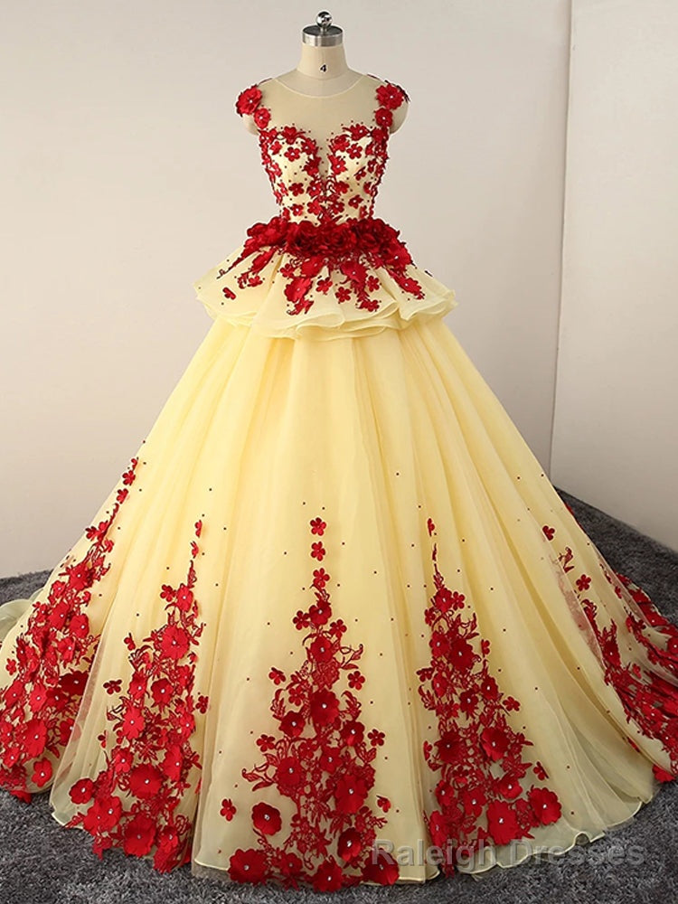 Light Yellow Tulle Ball Gown Beaded and Flowers Sweet 16 Gown, Light Yellow Quinceanera Dress Main image