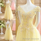 Light Yellow Tulle Cap Sleeves with Lace Applique Prom Dress, Yellow Long Prom Dress