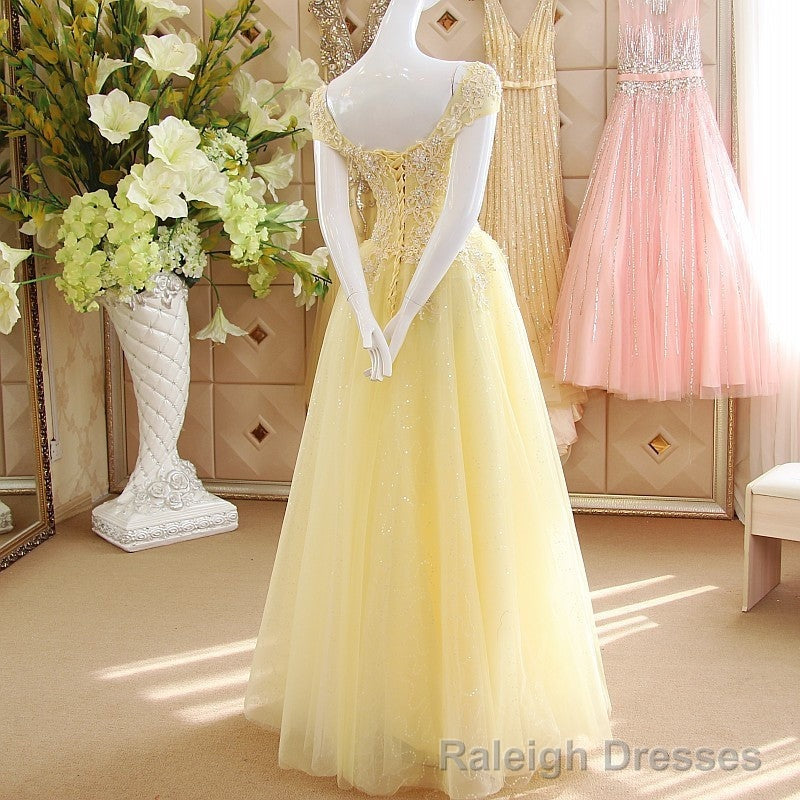 Light Yellow Tulle Cap Sleeves with Lace Applique Prom Dress, Yellow Long Prom Dress