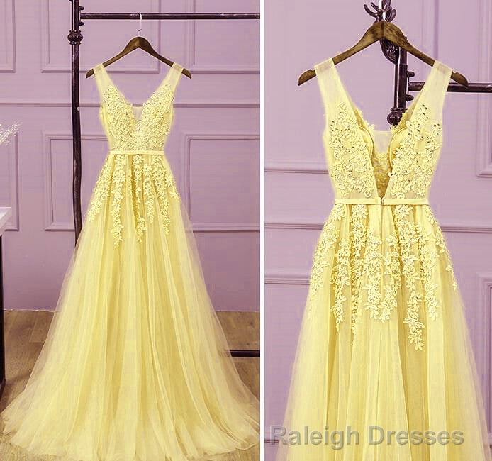 Light Yellow Tulle Long Party Dress, A-line Prom Dress Evening Gowns Main image