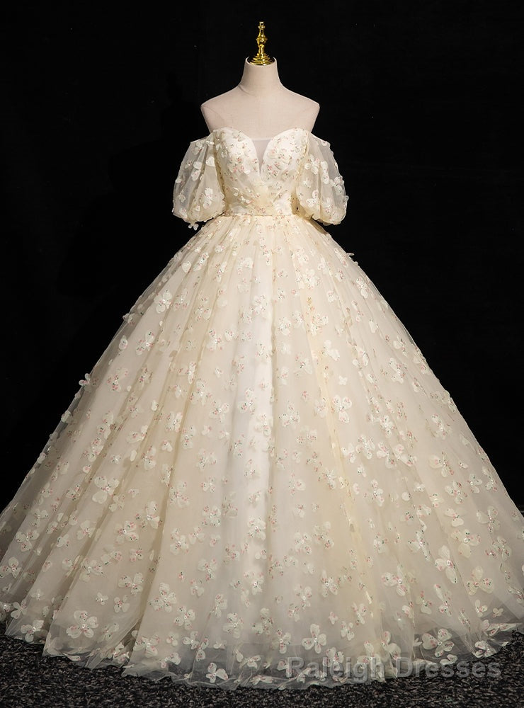 Light Yellow Tulle Puff Sleeve 3D Flower Quinceanera Dress Main image