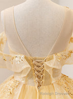 Light Yellow Tulle with Beadings and Lace Party Dress, Yellow Tulle Prom Dress