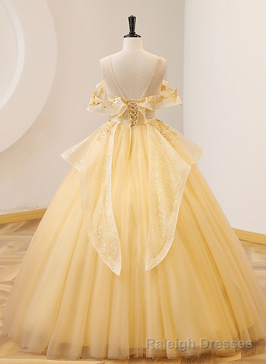 Light Yellow Tulle with Beadings and Lace Party Dress, Yellow Tulle Prom Dress Secondary image